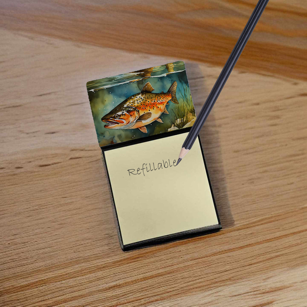 Brown Trout Watercolor Sticky Note Holder Refillable Dispenser Desk Accessory 3x3 Pad Gift