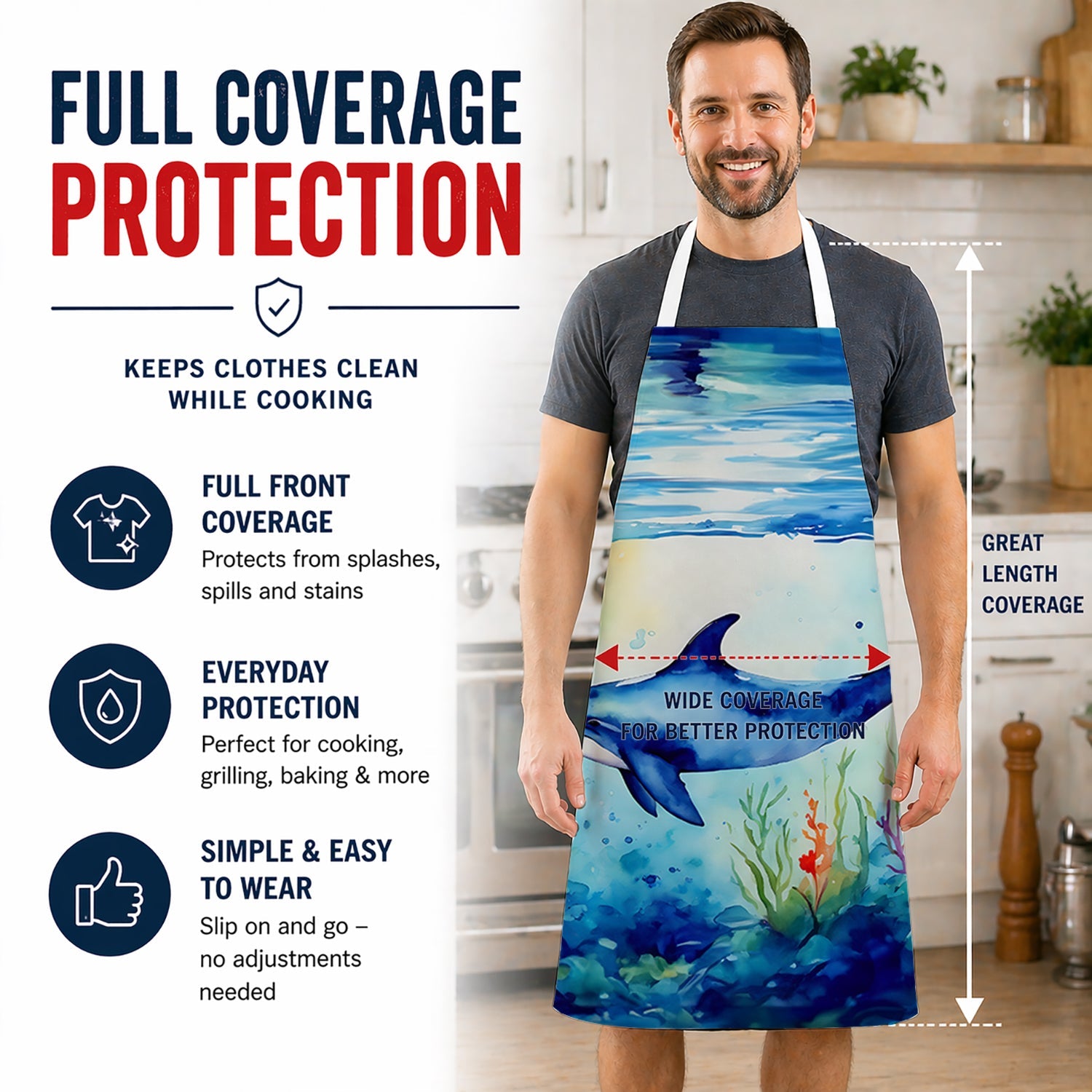 Dolphin Apron Cooking Kitchen Server Baking Crafts Gardening for Adult Women Men, Unisex, Large, Multicolor