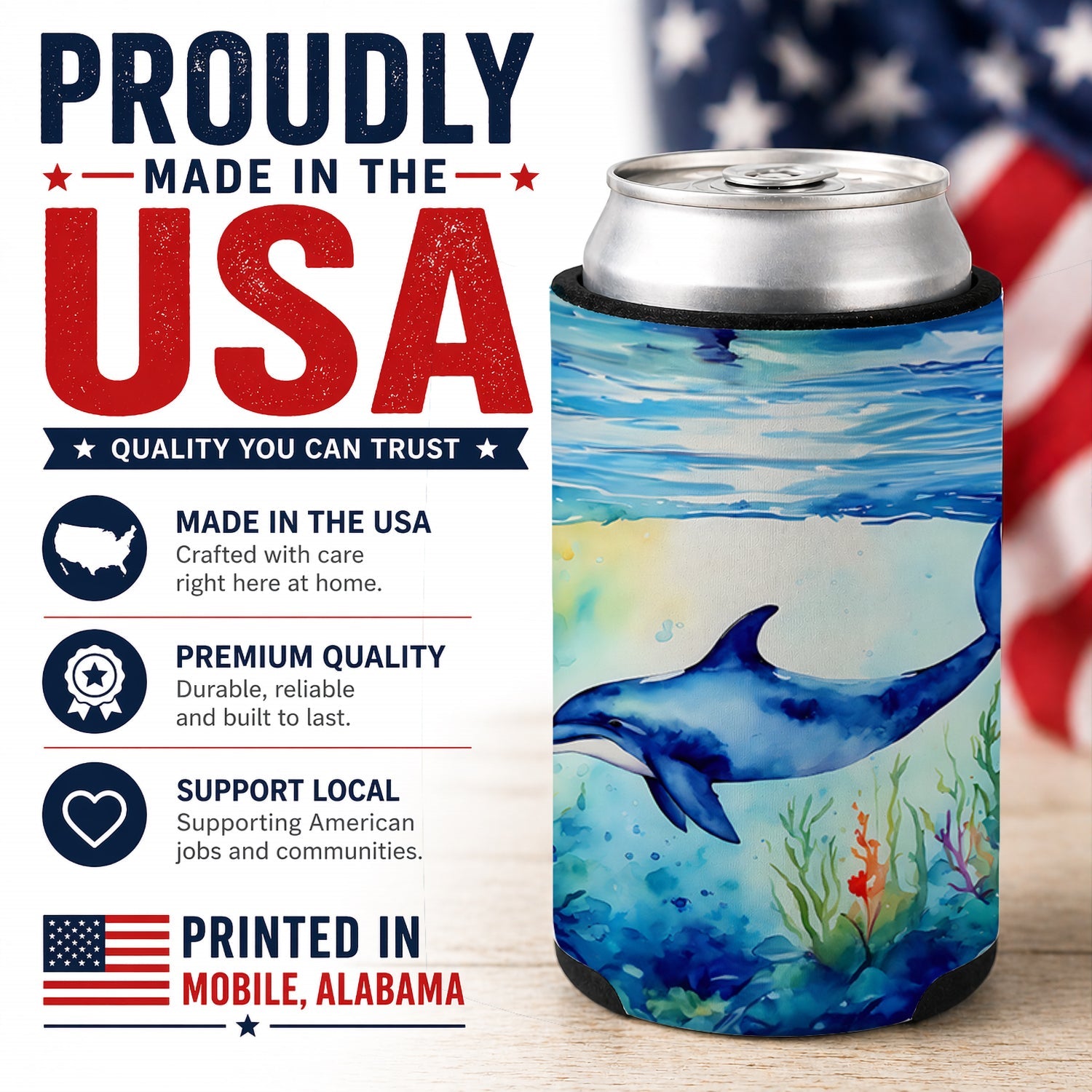 Dolphin Can or Bottle Hugger Cooler Sleeve for Standard 12 oz Cans, Insulated Foam Beer & Soda Can Hugger Reusable