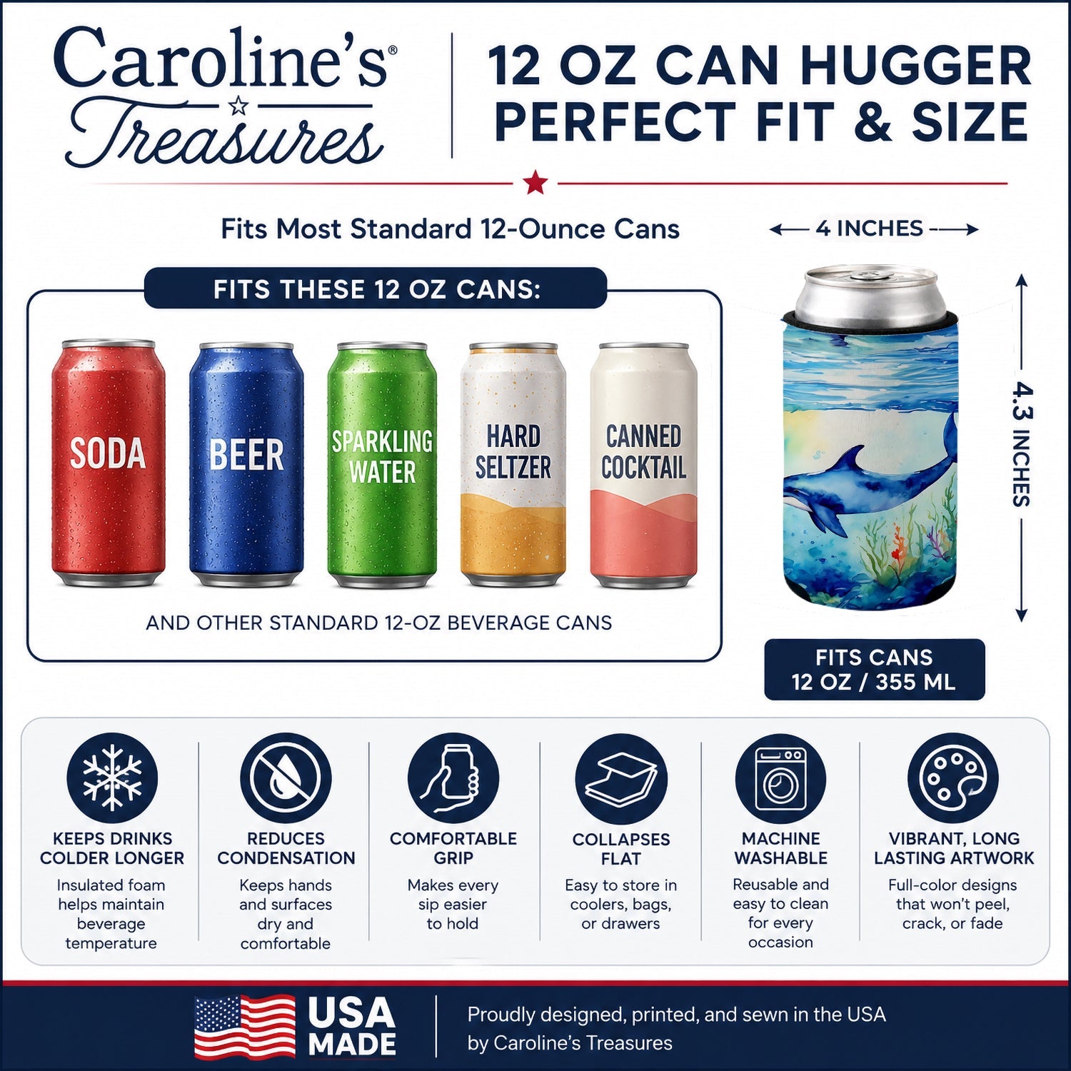 Dolphin Can or Bottle Hugger Cooler Sleeve for Standard 12 oz Cans, Insulated Foam Beer & Soda Can Hugger Reusable
