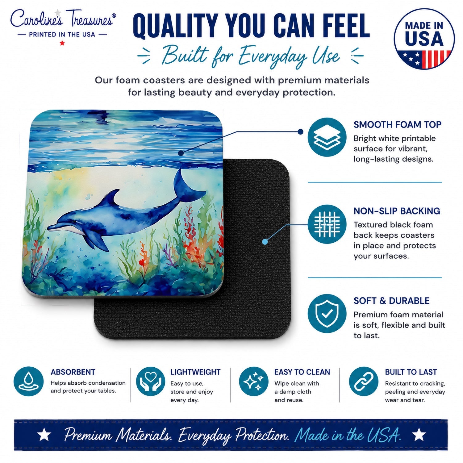 Dolphin Foam Coasters Set of 4 Cup Coasters for Indoor Outdoor, Tabletop Protection, Anti Slip, Mouse pad Material