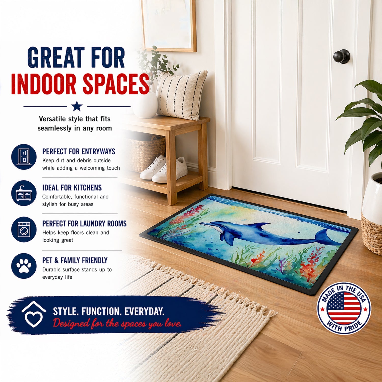 Dolphin Doormat Indoor Outdoor 24H X 36W Front Door Mat Rugs for Entryway, Non Slip Washable Low Pile,