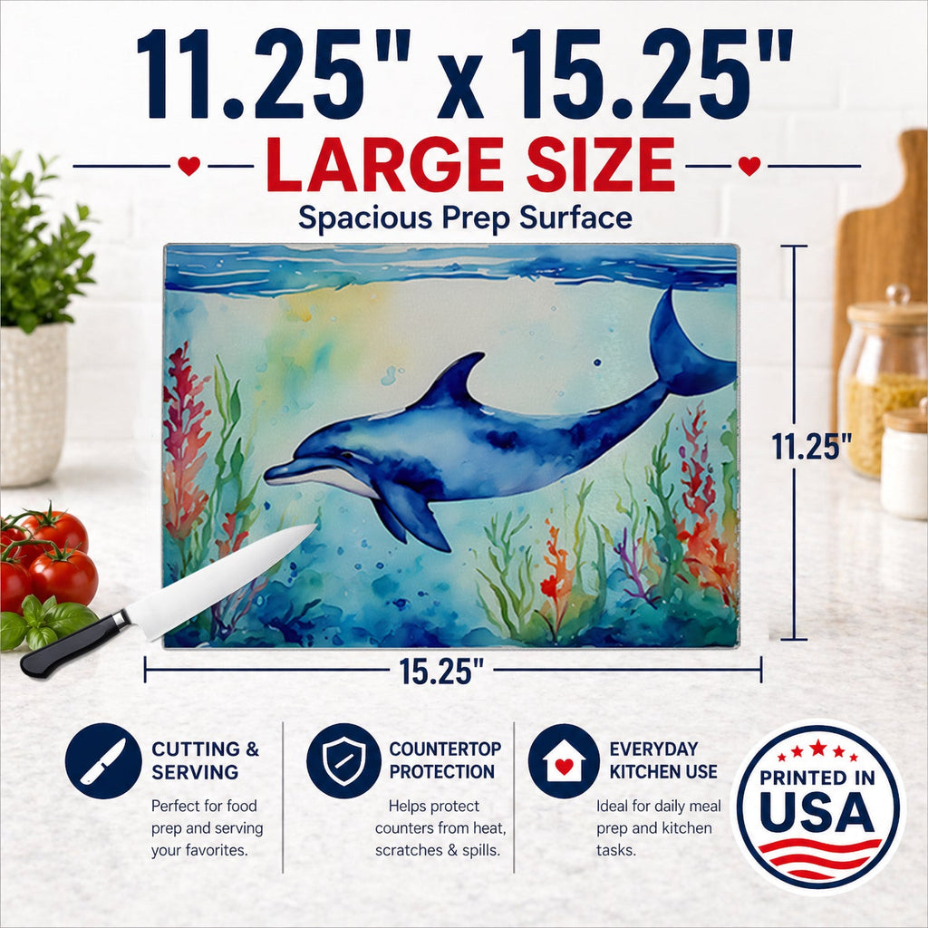 Dolphin Cutting Board Tempered Glass Kitchen Cutting Surface, Heat Resistant Chopping, Non-Slip Feet, Food Prep & Serving