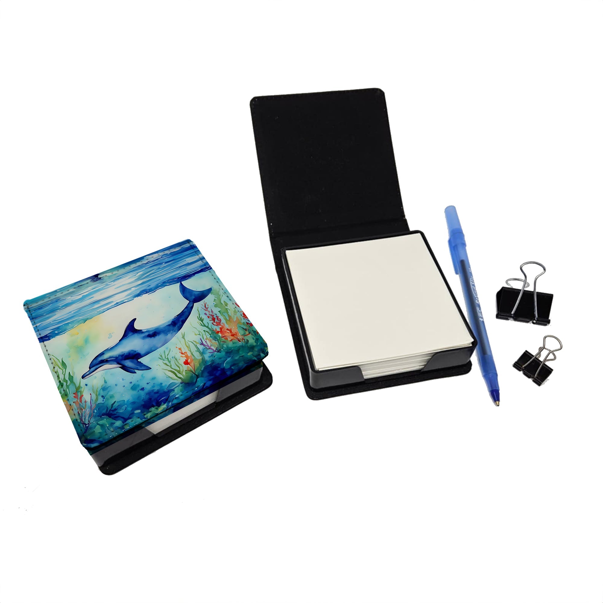 Dolphin PU Leather Note Paper Holder with Artist-Designed Cover, Desk Accessory, Office Gift