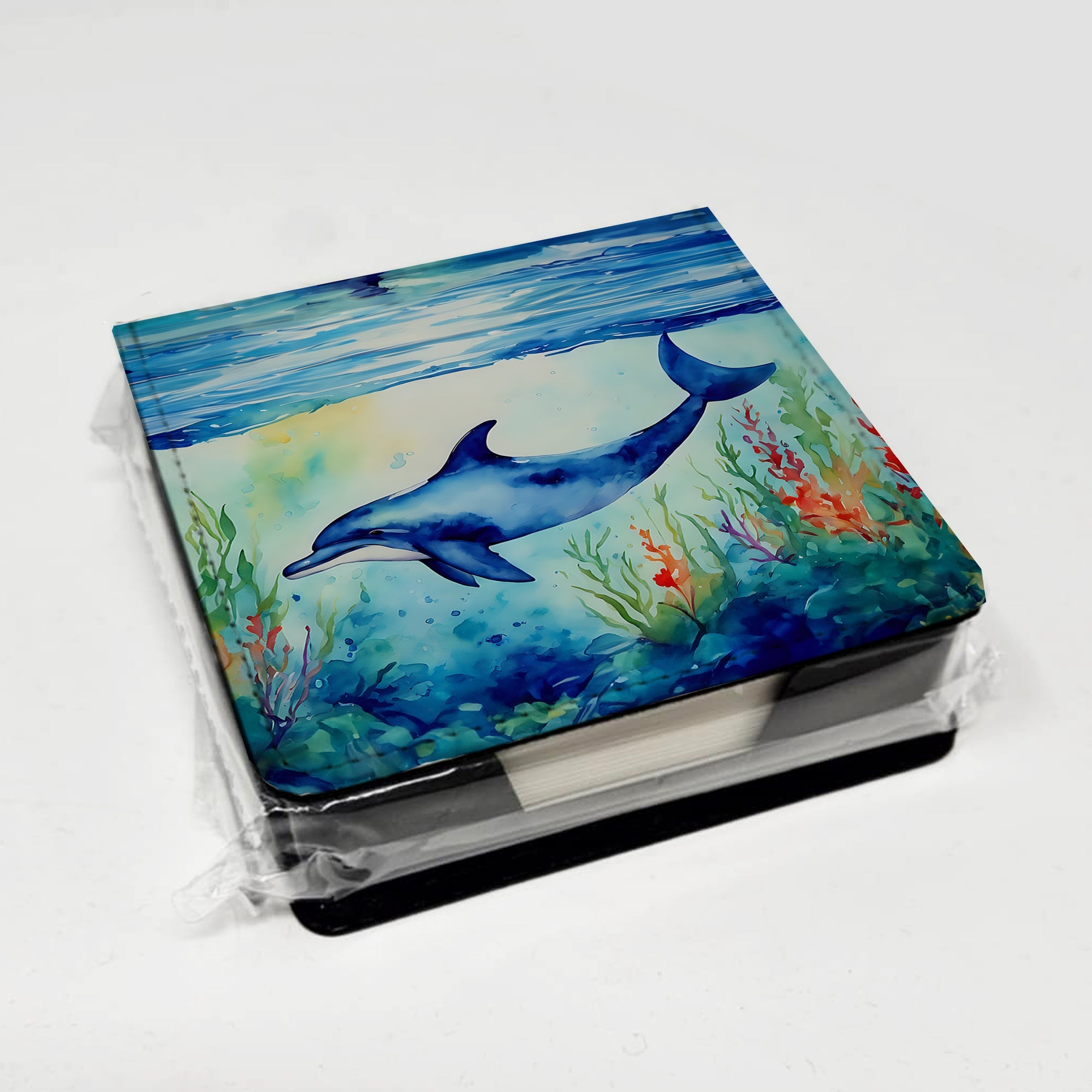 Dolphin PU Leather Note Paper Holder with Artist-Designed Cover, Desk Accessory, Office Gift