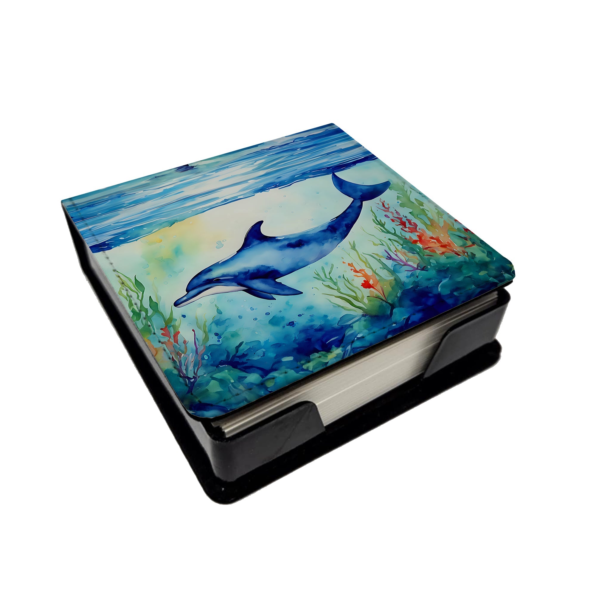 Dolphin PU Leather Note Paper Holder with Artist-Designed Cover, Desk Accessory, Office Gift