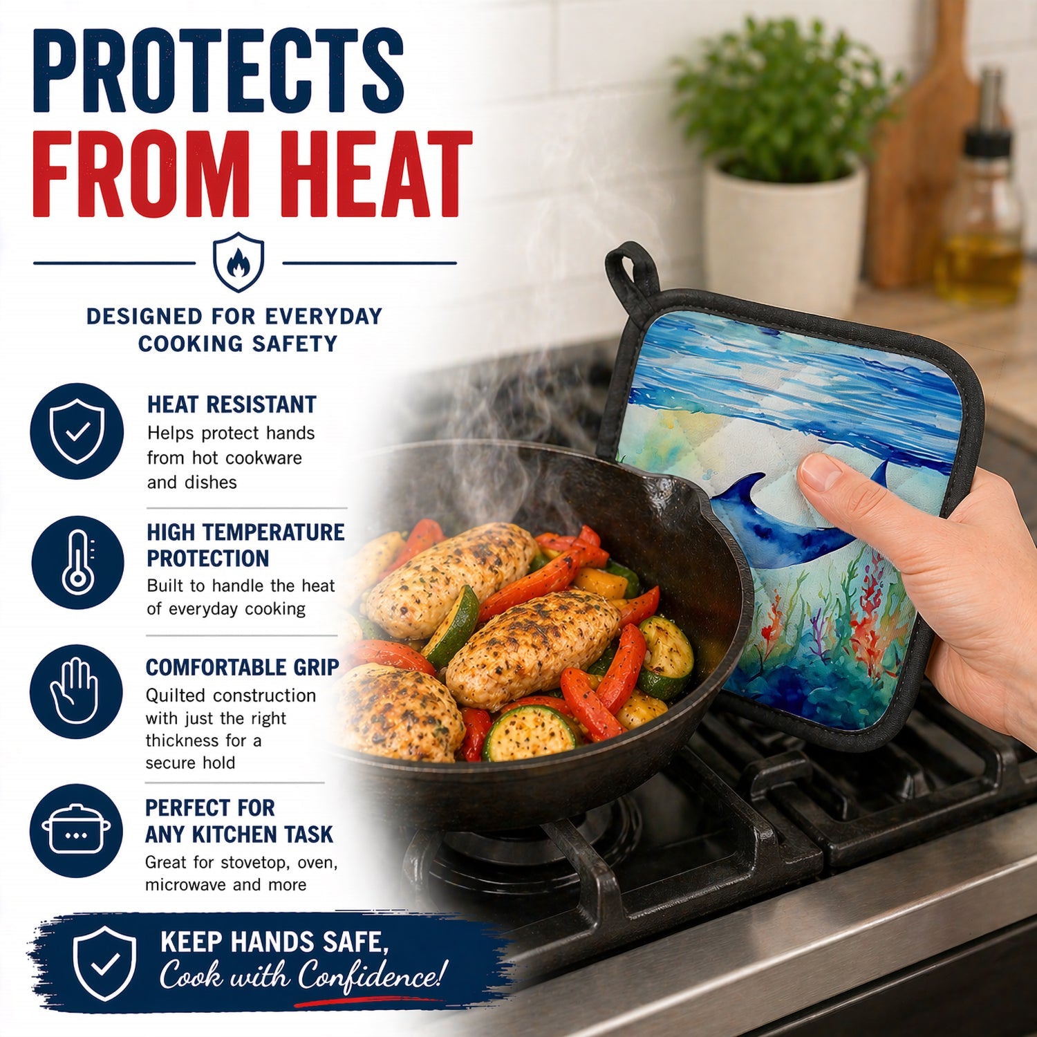 Dolphin Pot Holder Set of 2 Heat Resistant Quilted Hot Pads 7.5 x 7.5 Inch, Insulated Kitchen Trivets for Cooking & Baking