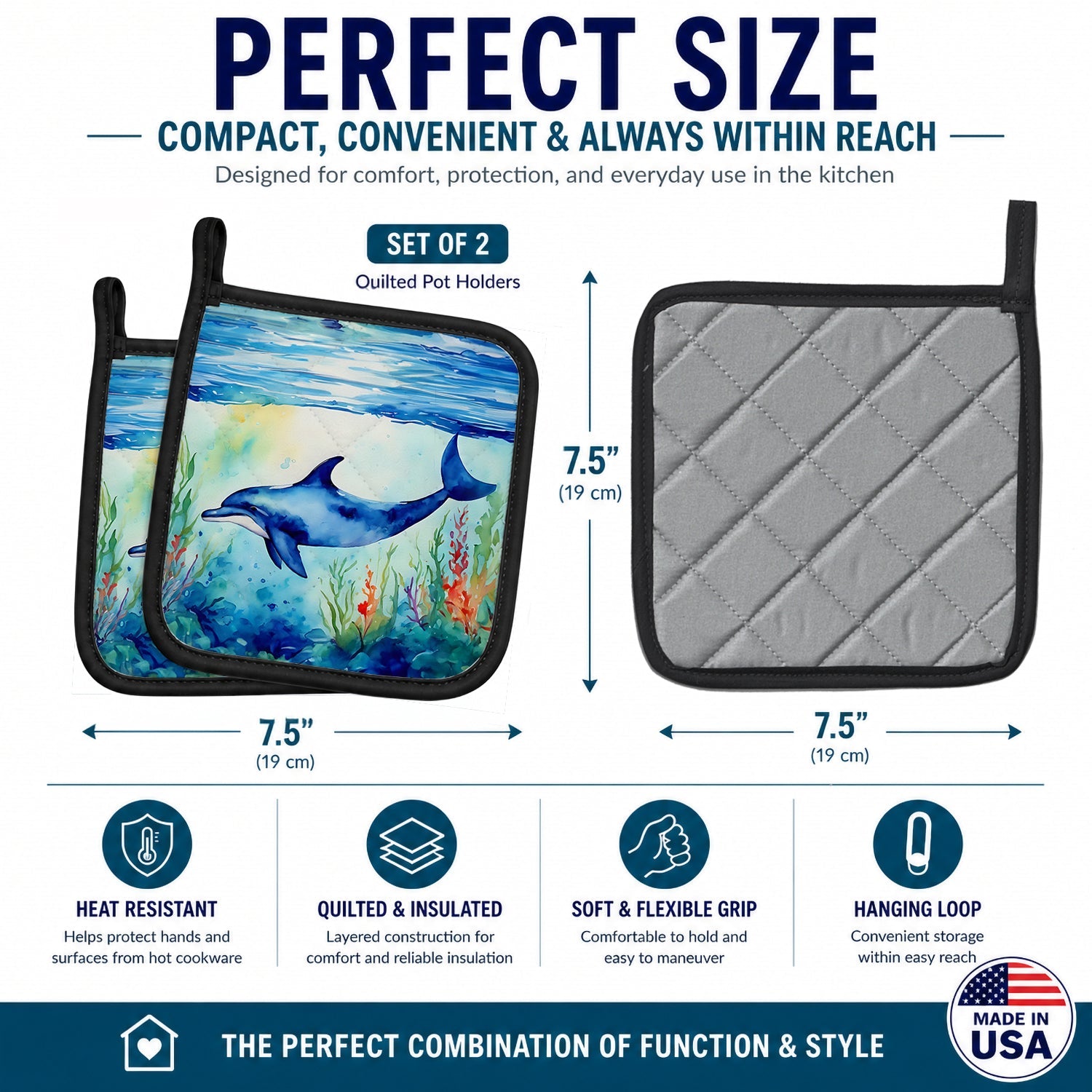 Dolphin Pot Holder Set of 2 Heat Resistant Quilted Hot Pads 7.5 x 7.5 Inch, Insulated Kitchen Trivets for Cooking & Baking