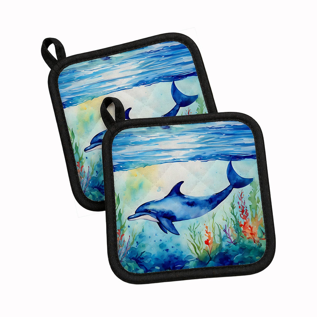 Dolphin Pot Holder Set of 2 Heat Resistant Quilted Hot Pads 7.5 x 7.5 Inch, Insulated Kitchen Trivets for Cooking & Baking