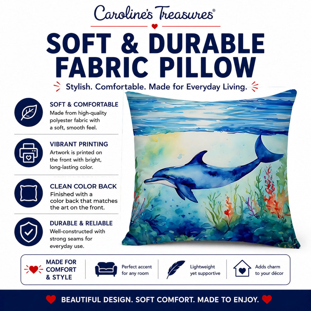 Dolphin Decorative Throw Pillow 14x14 Indoor Outdoor Accent Cushion, Fabric Cover with Insert for Sofa, Bed, Porch & Living Room