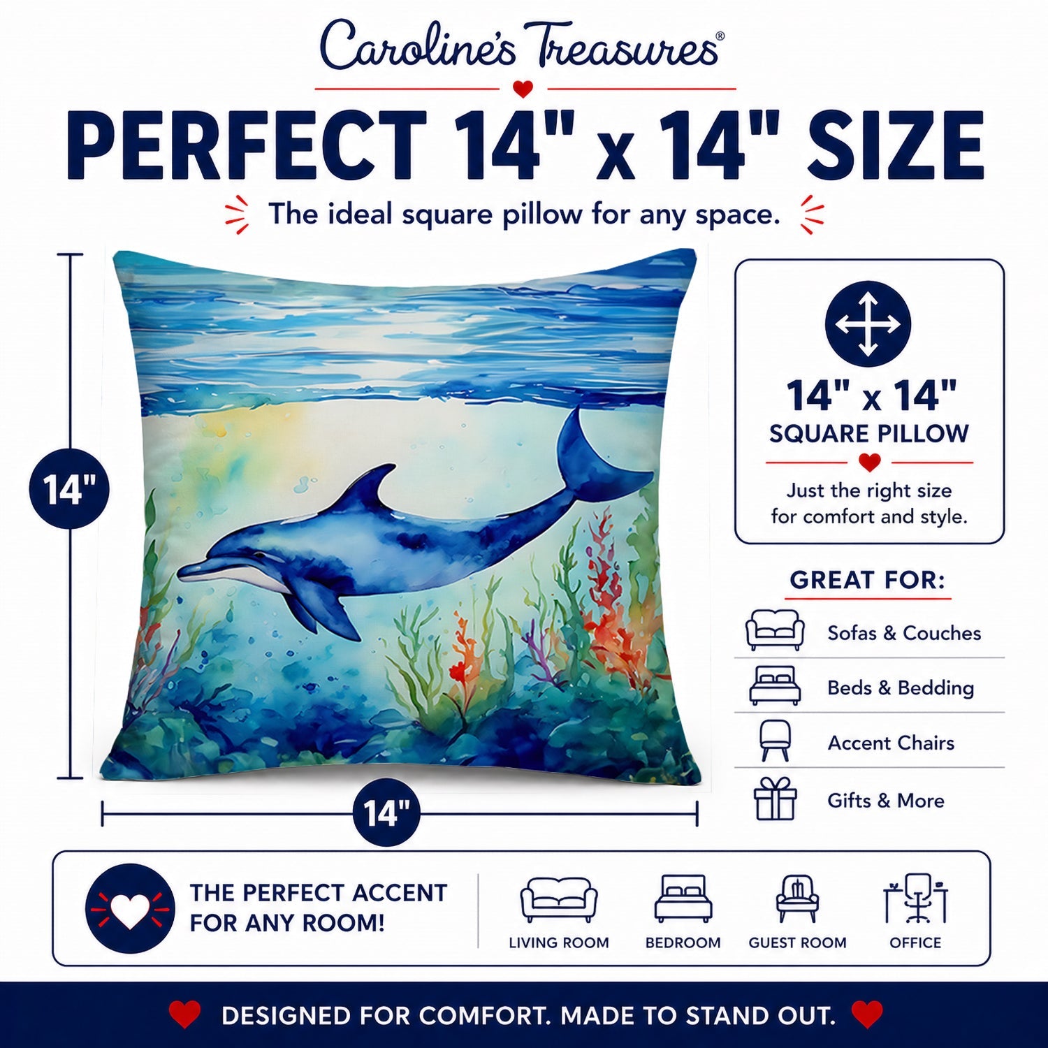 Dolphin Decorative Throw Pillow 14x14 Indoor Outdoor Accent Cushion, Fabric Cover with Insert for Sofa, Bed, Porch & Living Room