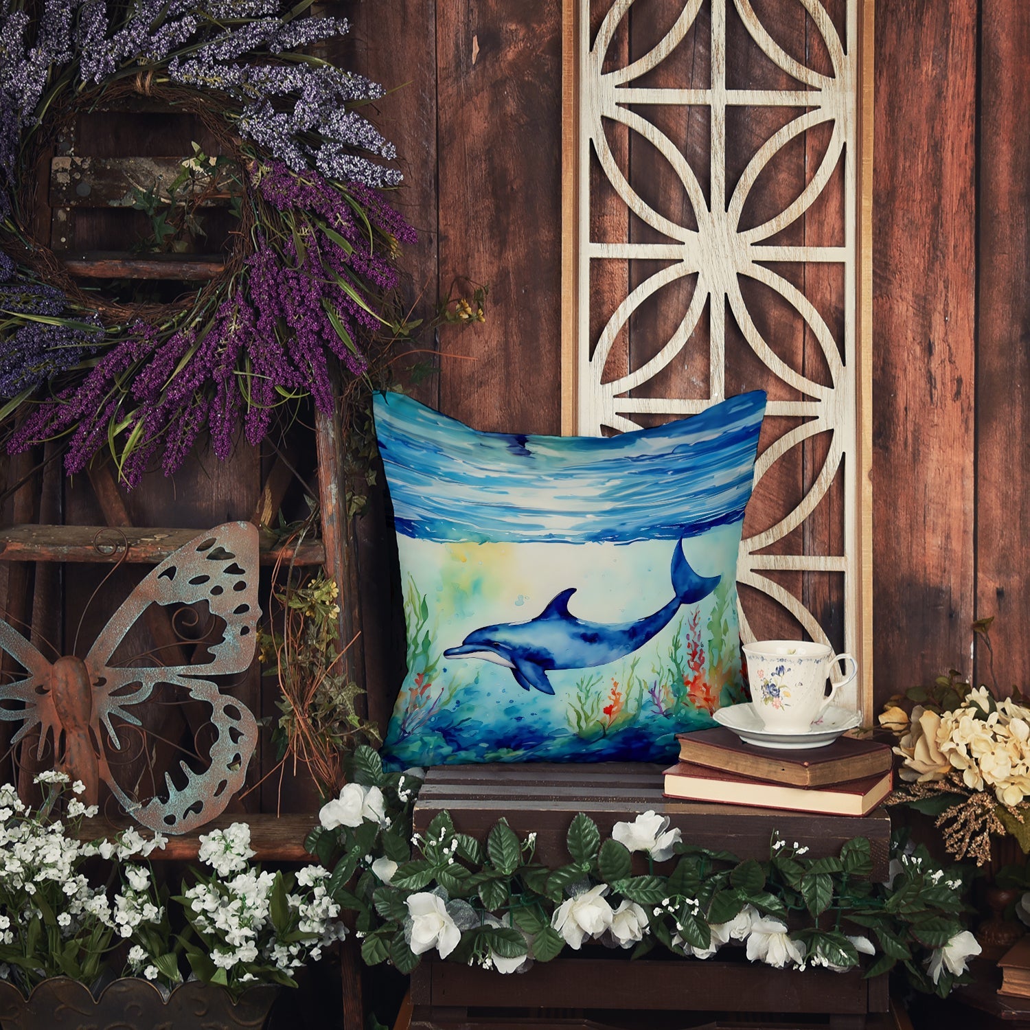Dolphin Decorative Throw Pillow 18x18 Indoor Outdoor Accent Cushion, Fabric Cover with Insert for Sofa, Bed, Porch & Living Room