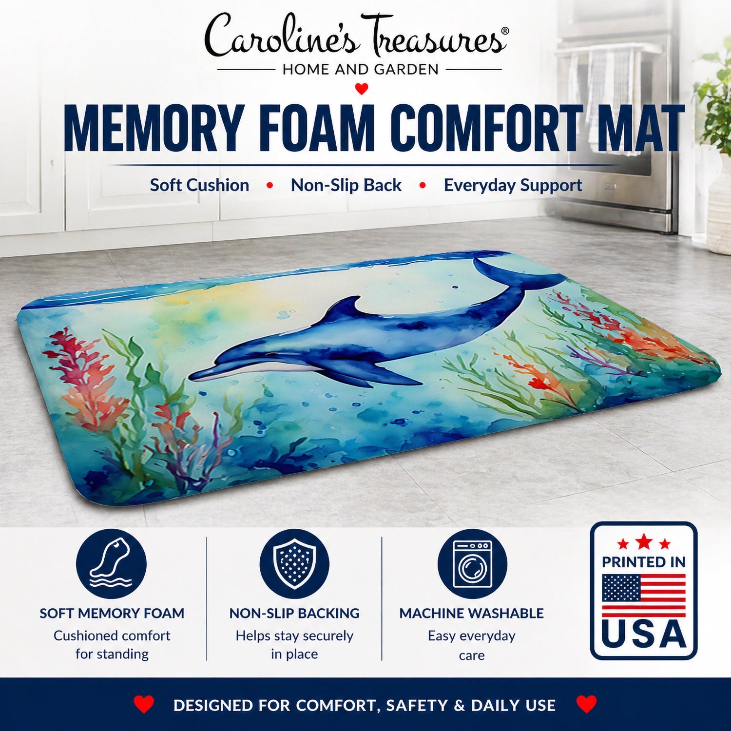 Dolphin Memory Foam Kitchen Mat Machine Washable Anti-Fatigue Cushion Comfort Bath or Kitchen Rug