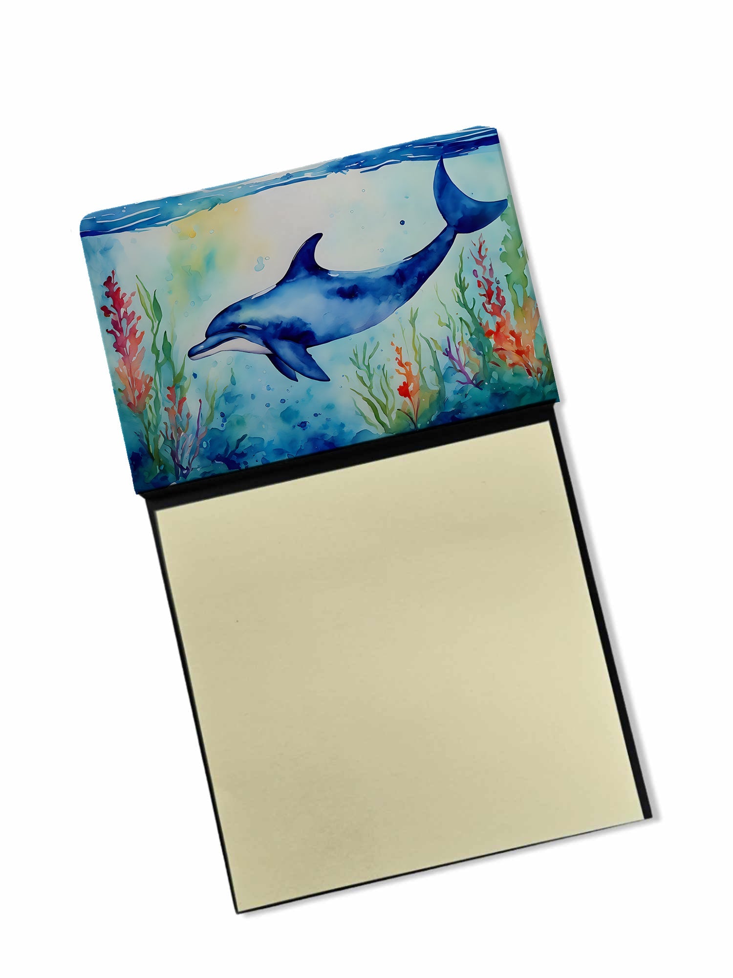 Dolphin Watercolor Sticky Note Holder Refillable Dispenser Desk Accessory 3x3 Pad Gift