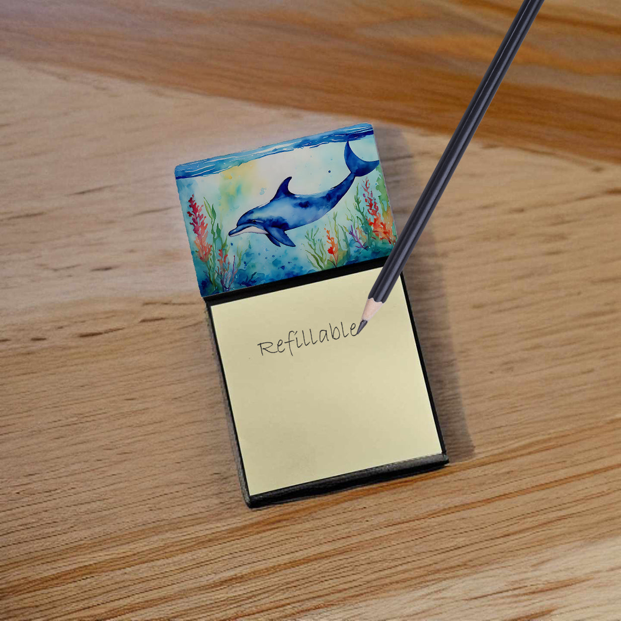Dolphin Watercolor Sticky Note Holder Refillable Dispenser Desk Accessory 3x3 Pad Gift