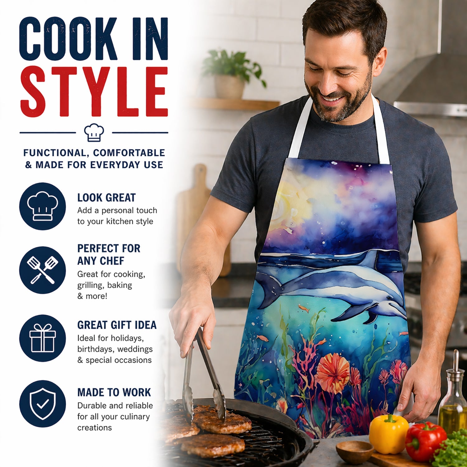 Dolphin Apron Cooking Kitchen Server Baking Crafts Gardening for Adult Women Men, Unisex, Large, Multicolor