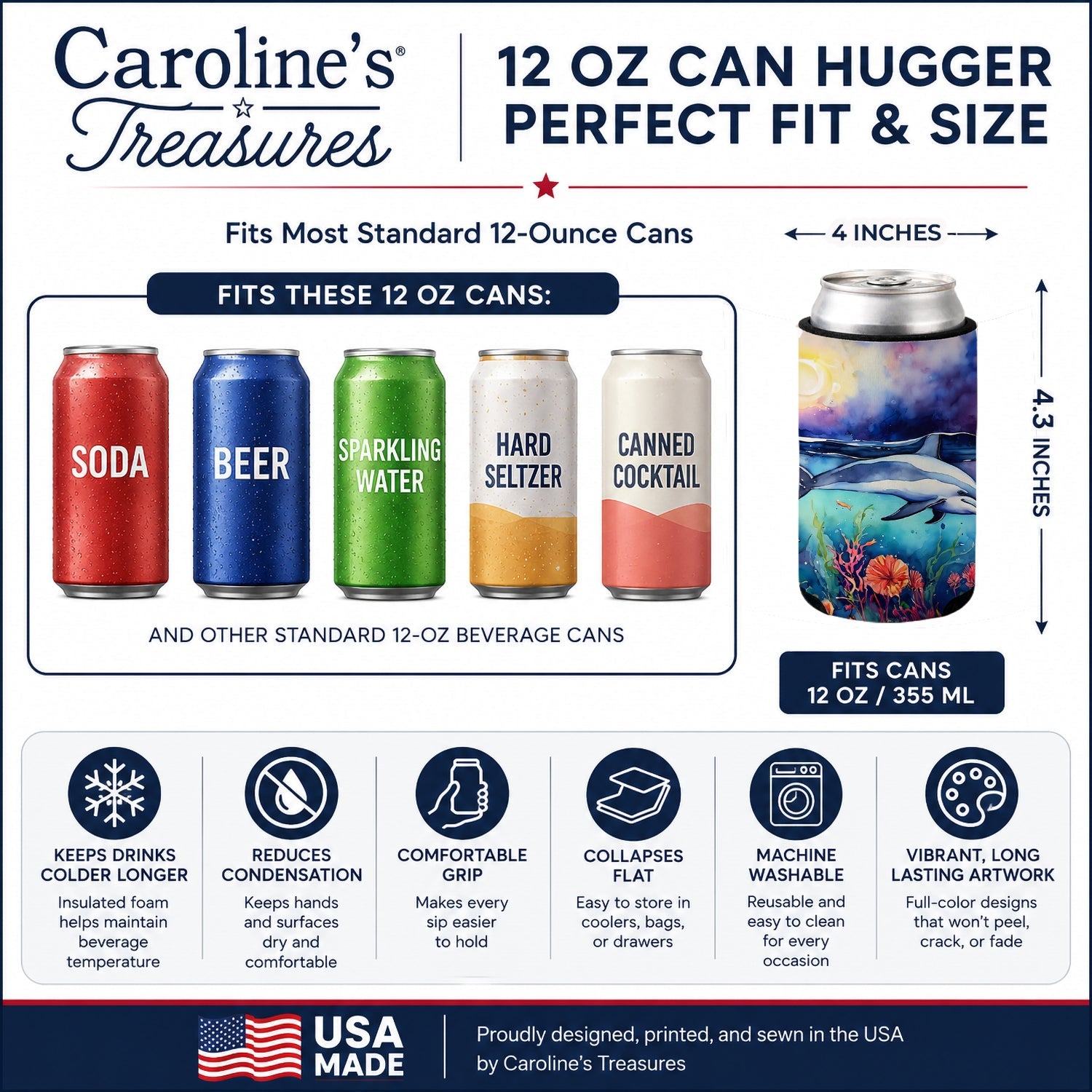 Dolphin Can or Bottle Hugger Cooler Sleeve for Standard 12 oz Cans, Insulated Foam Beer & Soda Can Hugger Reusable