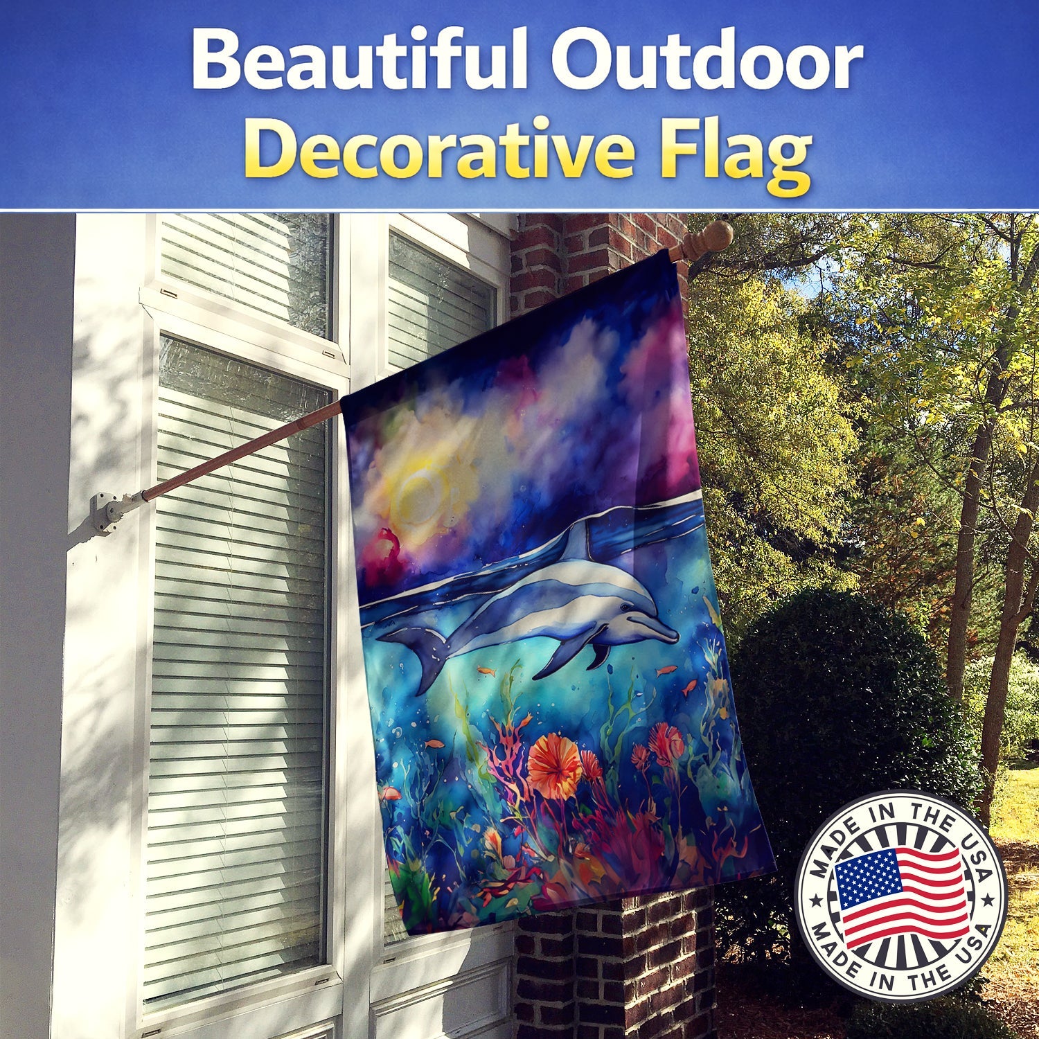 Dolphin House Flag 28x40 Porch Sleeve Pole Decorative Outside Yard Banner Artwork Wall Hanging, Polyester