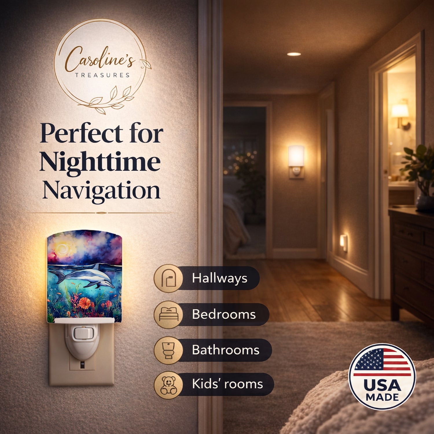 Dolphin Ceramic Night Light Compact, UL-Certified, Ideal for Bedroom, Bathroom, Nursery, Hallway, Kitchen, 6x4x3, Multicolor
