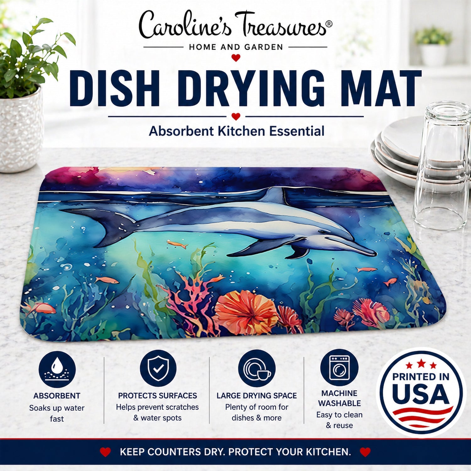 Dolphin Dish Drying Mat Absorbent Dish Drying Mat Pad for Kitchen Counter Dish Drainer Mat for Countertop, 14 x 21", Multicolor