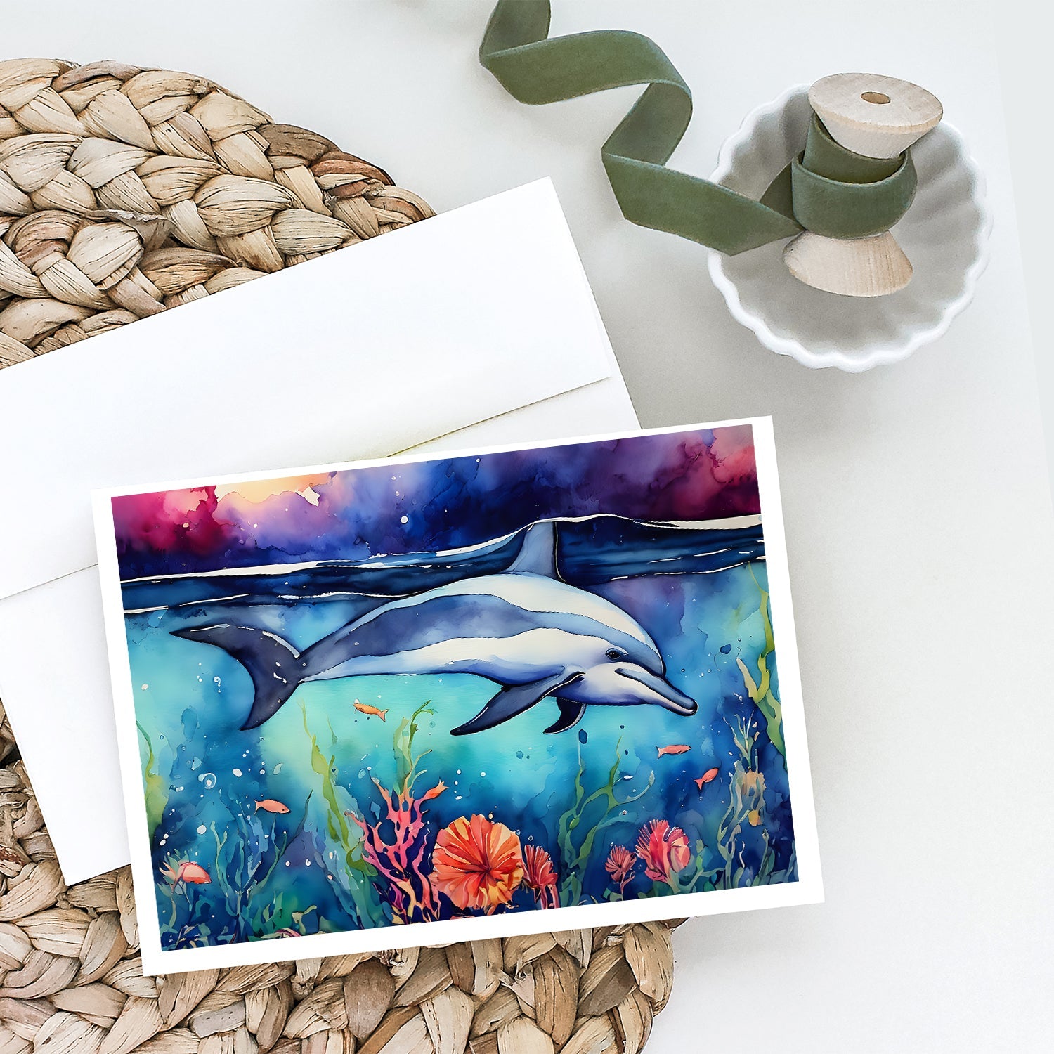 Dolphin Greeting Cards Pack of 8 Blank Cards with Envelopes Whimsical A7 Size 5x7
