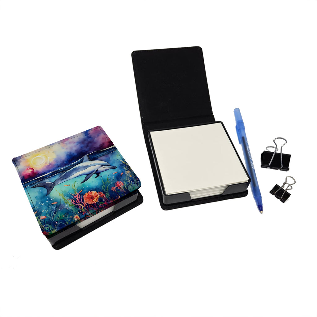 Dolphin PU Leather Note Paper Holder with Artist-Designed Cover, Desk Accessory, Office Gift