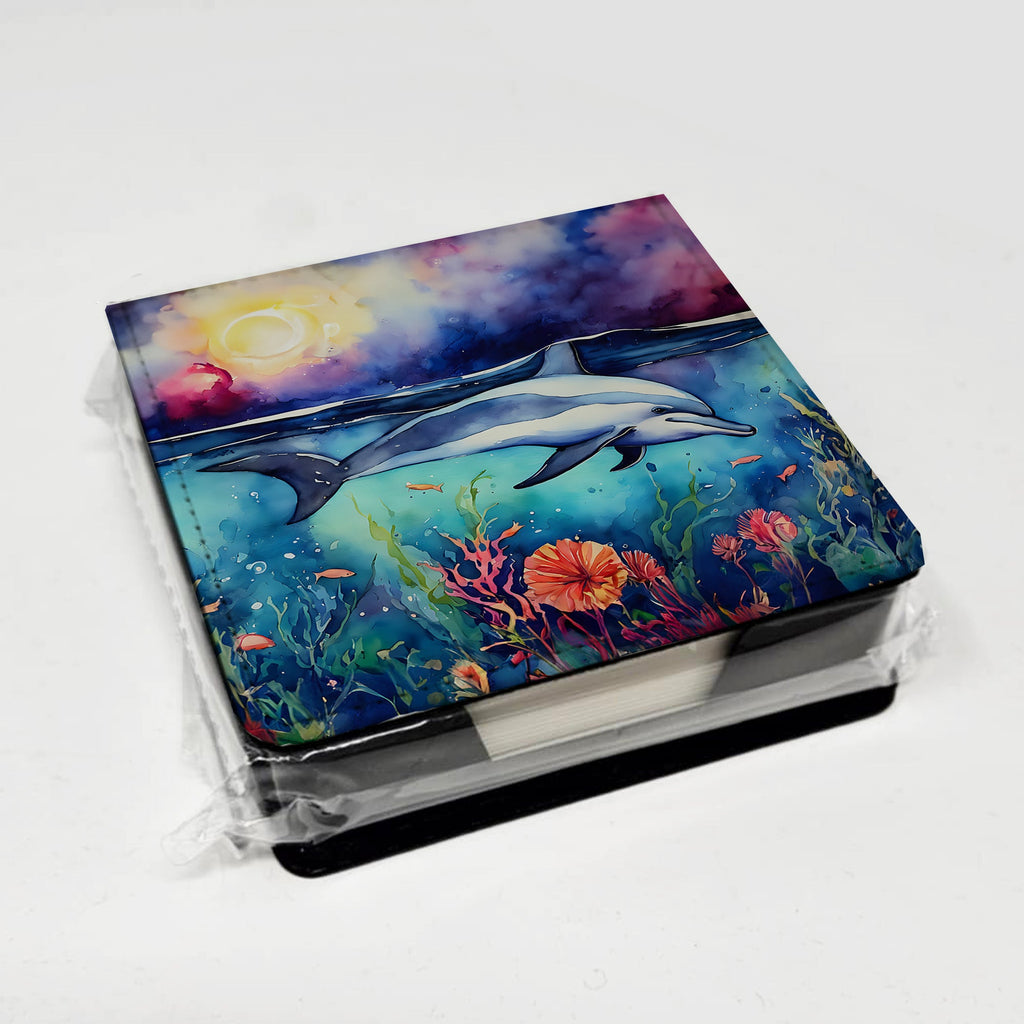 Dolphin PU Leather Note Paper Holder with Artist-Designed Cover, Desk Accessory, Office Gift