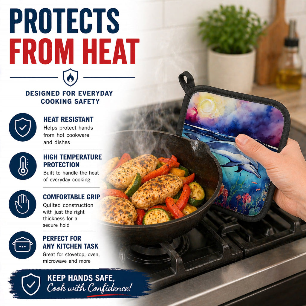 Dolphin Pot Holder Set of 2 Heat Resistant Quilted Hot Pads 7.5 x 7.5 Inch, Insulated Kitchen Trivets for Cooking & Baking