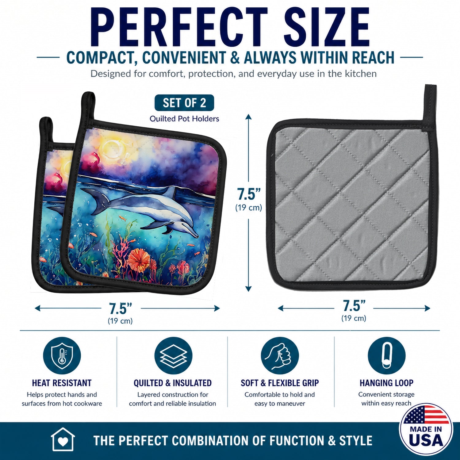 Dolphin Pot Holder Set of 2 Heat Resistant Quilted Hot Pads 7.5 x 7.5 Inch, Insulated Kitchen Trivets for Cooking & Baking