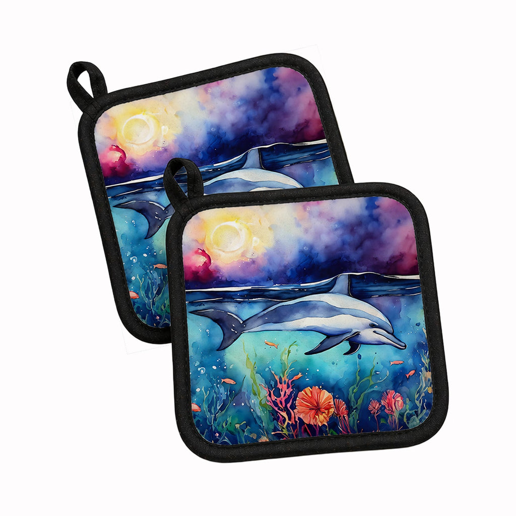 Dolphin Pot Holder Set of 2 Heat Resistant Quilted Hot Pads 7.5 x 7.5 Inch, Insulated Kitchen Trivets for Cooking & Baking