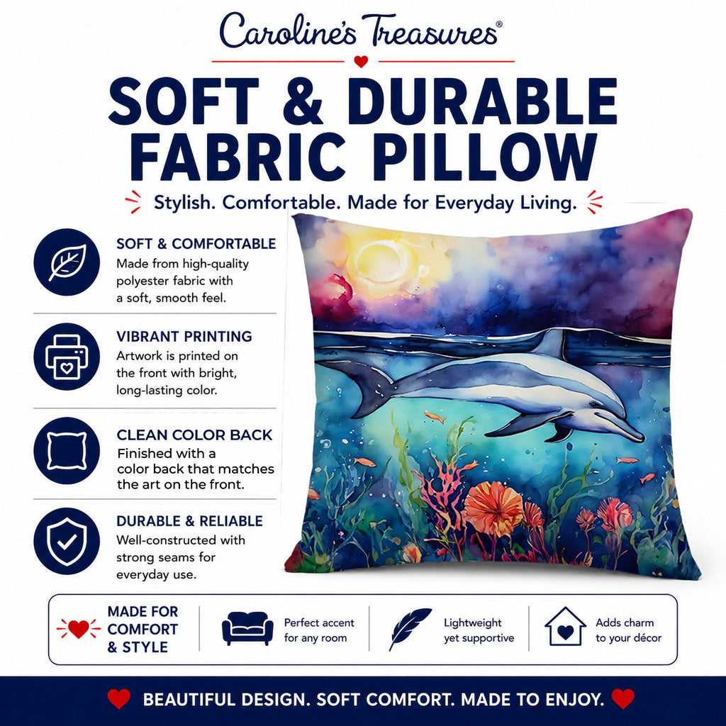 Dolphin Decorative Throw Pillow 14x14 Indoor Outdoor Accent Cushion, Fabric Cover with Insert for Sofa, Bed, Porch & Living Room