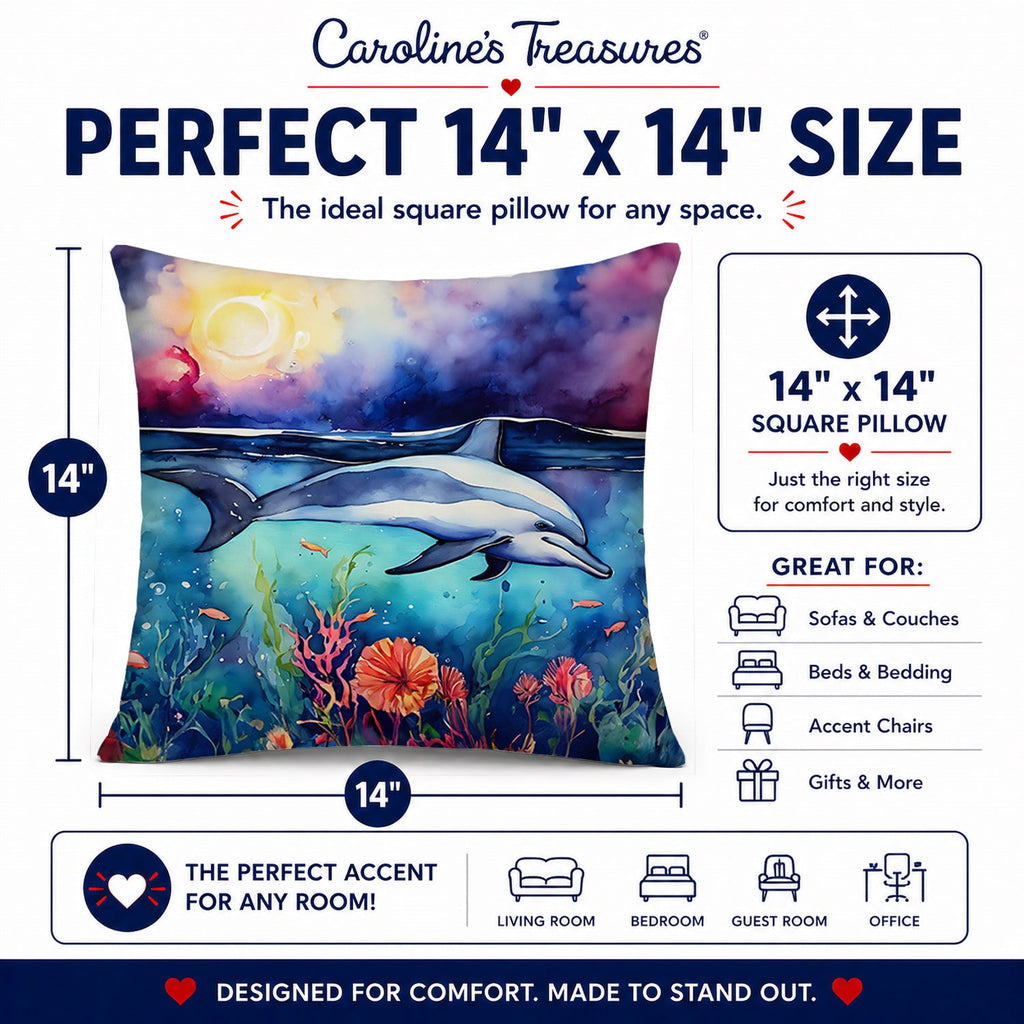 Dolphin Decorative Throw Pillow 14x14 Indoor Outdoor Accent Cushion, Fabric Cover with Insert for Sofa, Bed, Porch & Living Room
