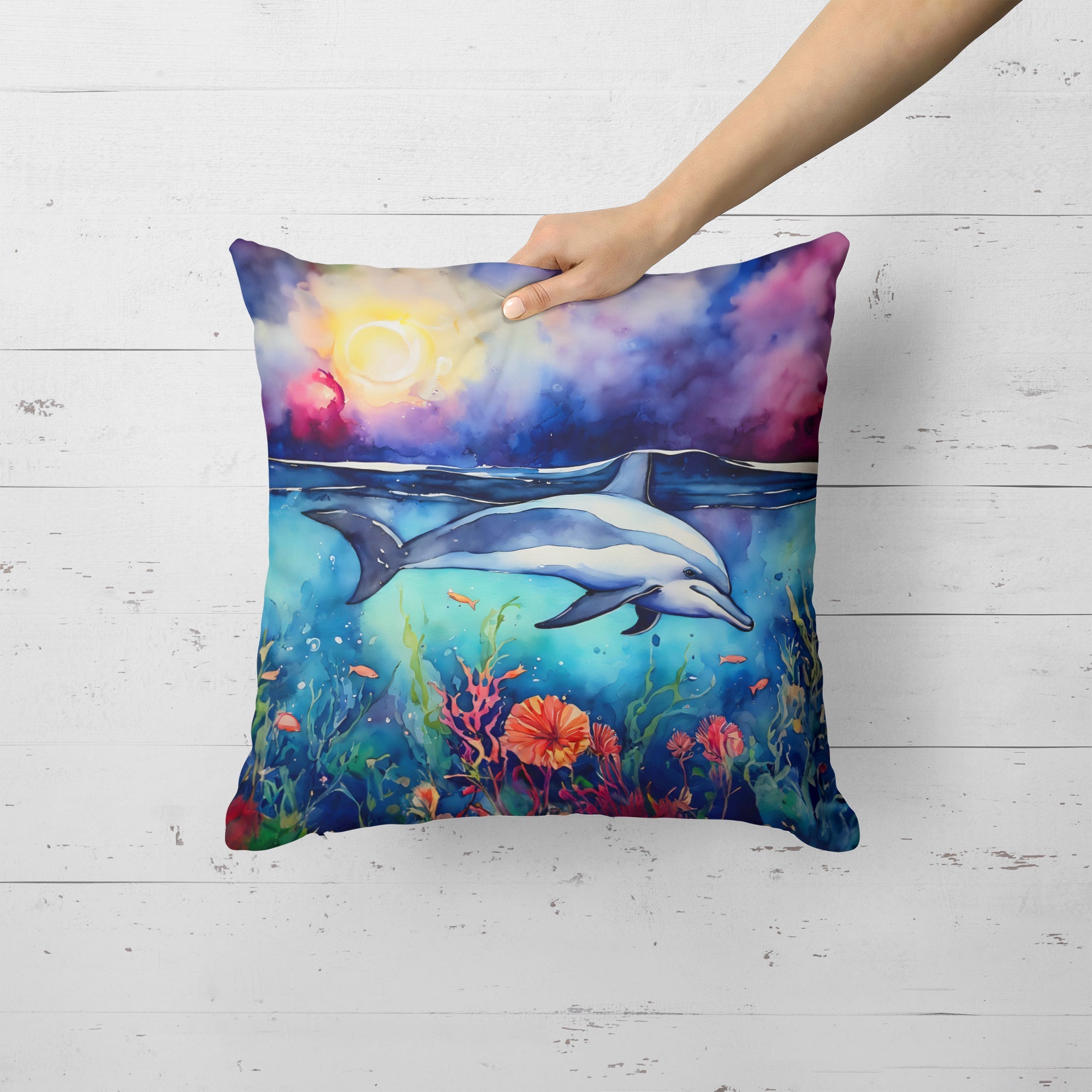 Dolphin Decorative Throw Pillow 18x18 Indoor Outdoor Accent Cushion, Fabric Cover with Insert for Sofa, Bed, Porch & Living Room
