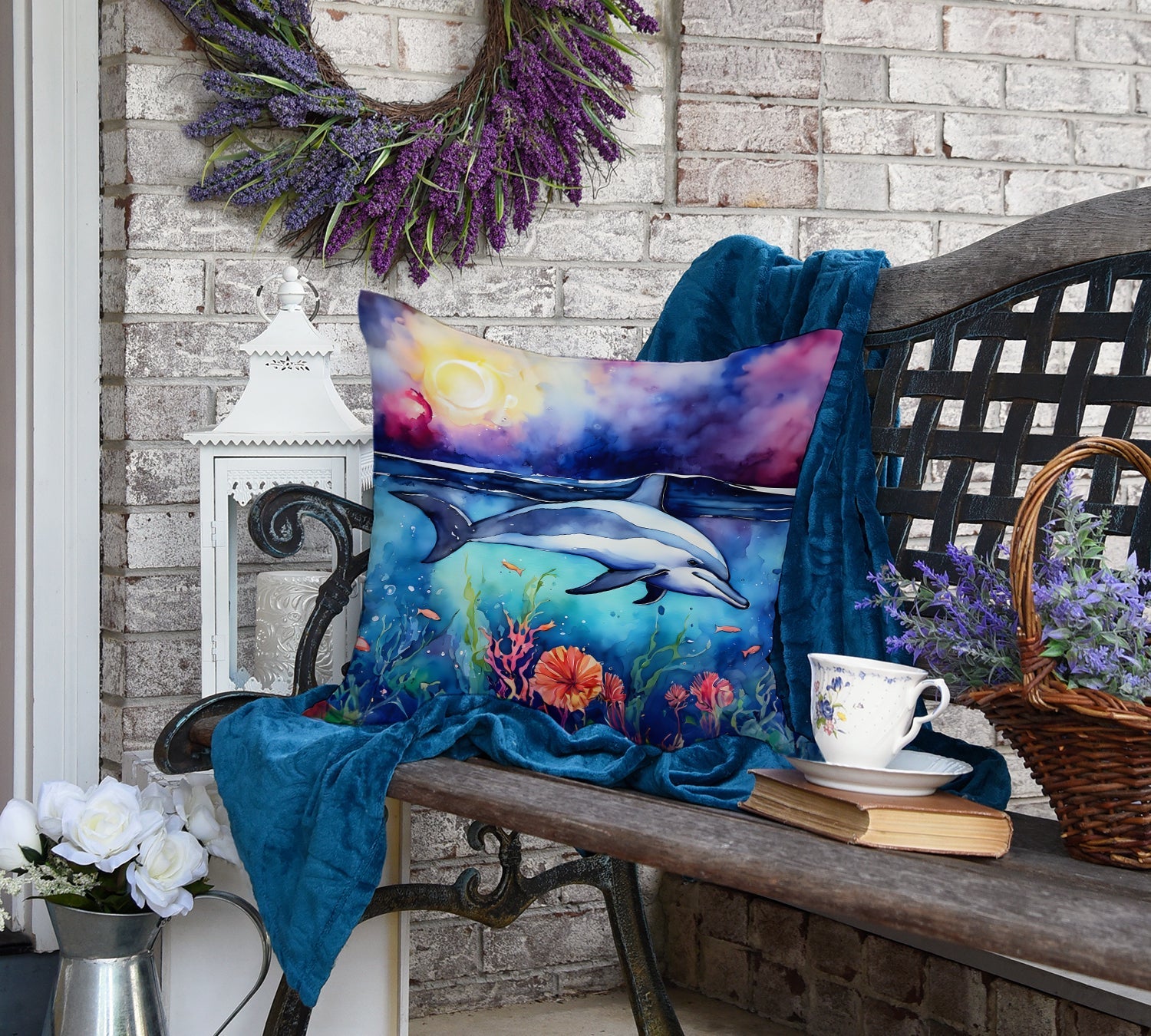 Dolphin Decorative Throw Pillow 18x18 Indoor Outdoor Accent Cushion, Fabric Cover with Insert for Sofa, Bed, Porch & Living Room