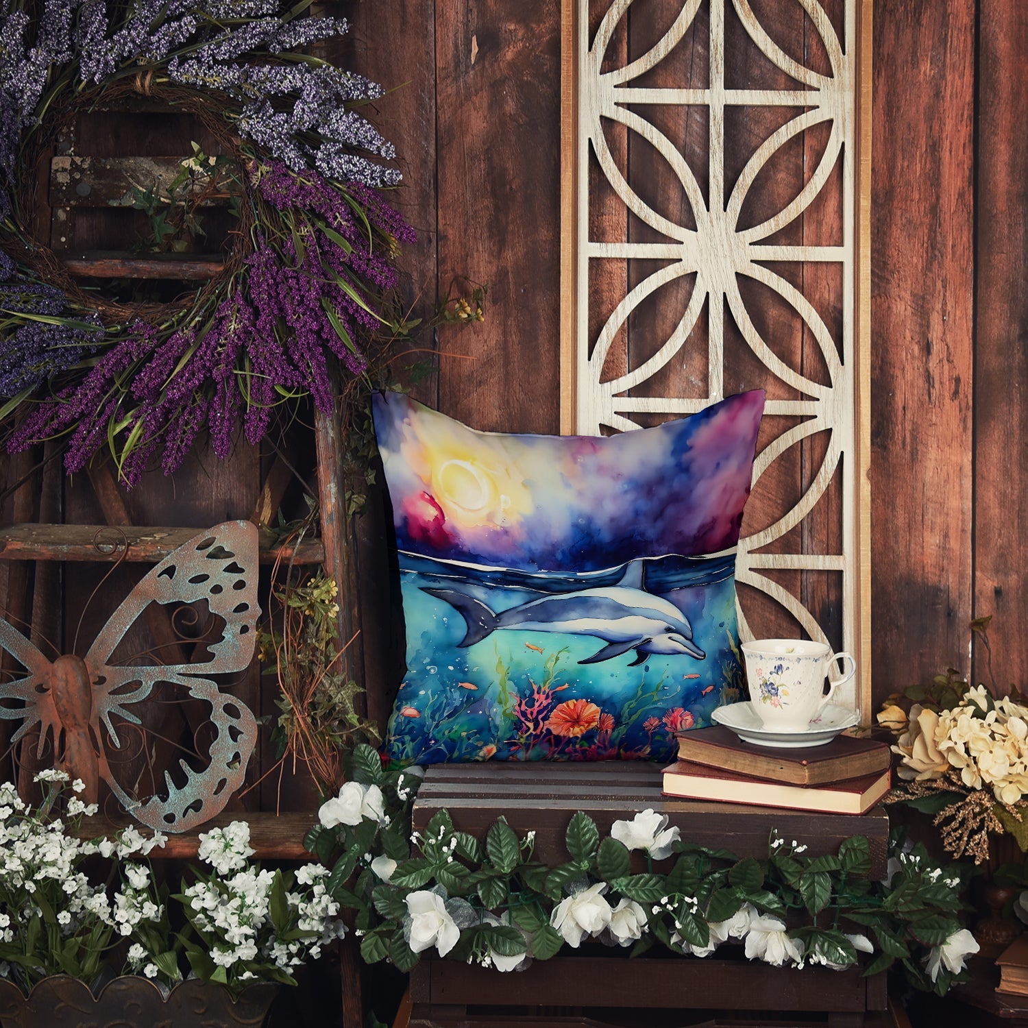 Dolphin Decorative Throw Pillow 18x18 Indoor Outdoor Accent Cushion, Fabric Cover with Insert for Sofa, Bed, Porch & Living Room