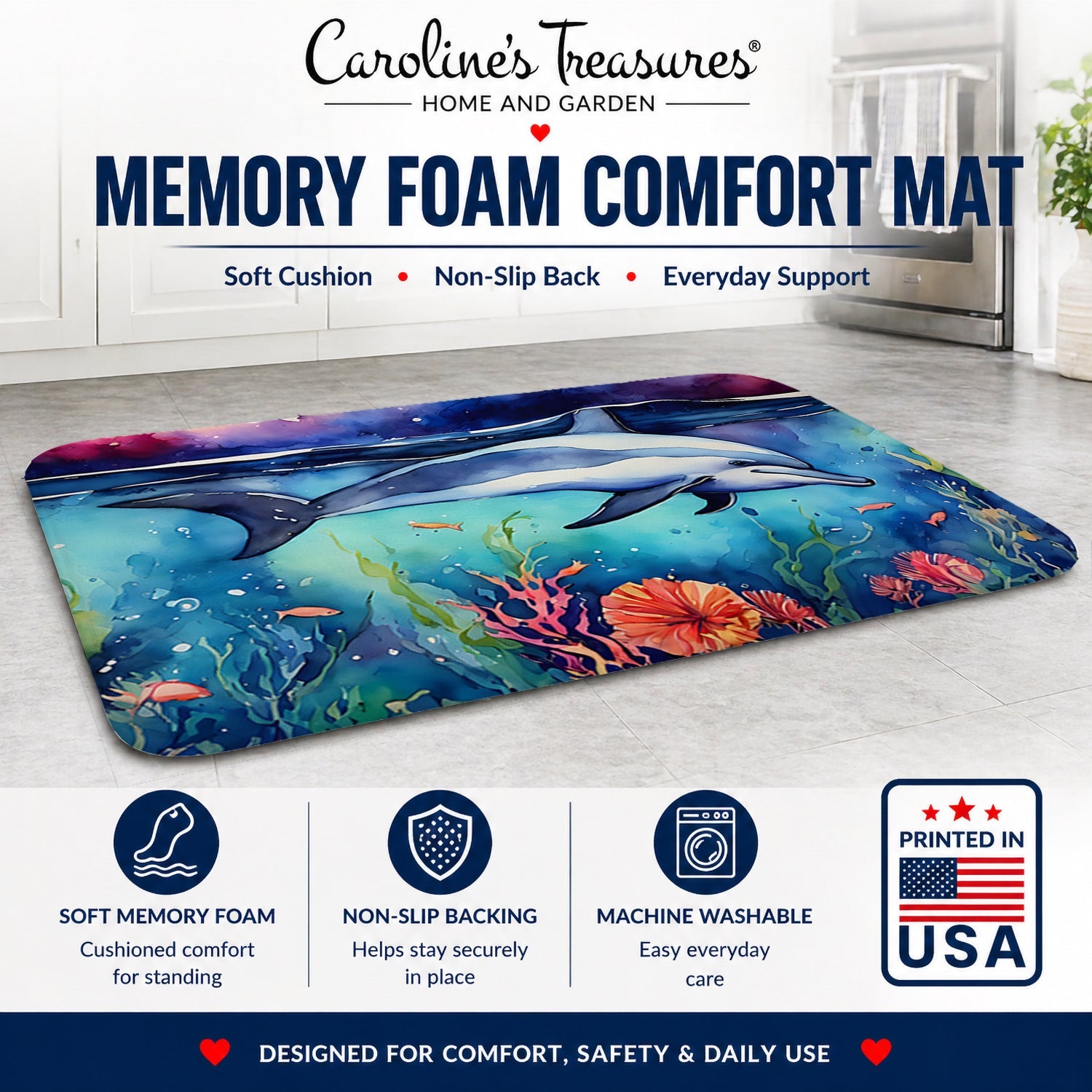 Dolphin Memory Foam Kitchen Mat Machine Washable Anti-Fatigue Cushion Comfort Bath or Kitchen Rug