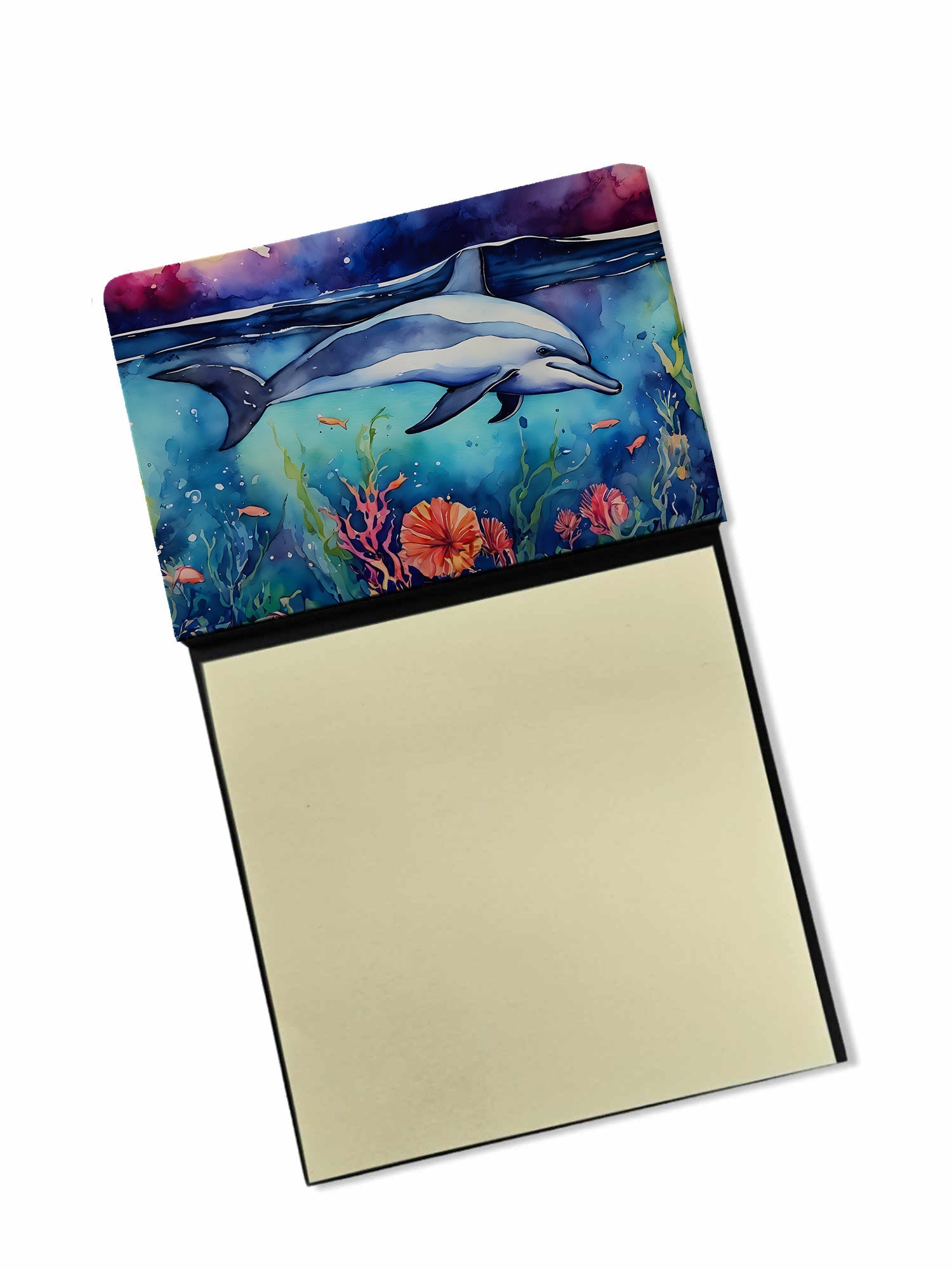 Dolphin Watercolor Sticky Note Holder Refillable Dispenser Desk Accessory 3x3 Pad Gift