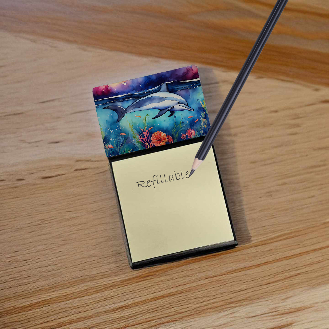 Dolphin Watercolor Sticky Note Holder Refillable Dispenser Desk Accessory 3x3 Pad Gift