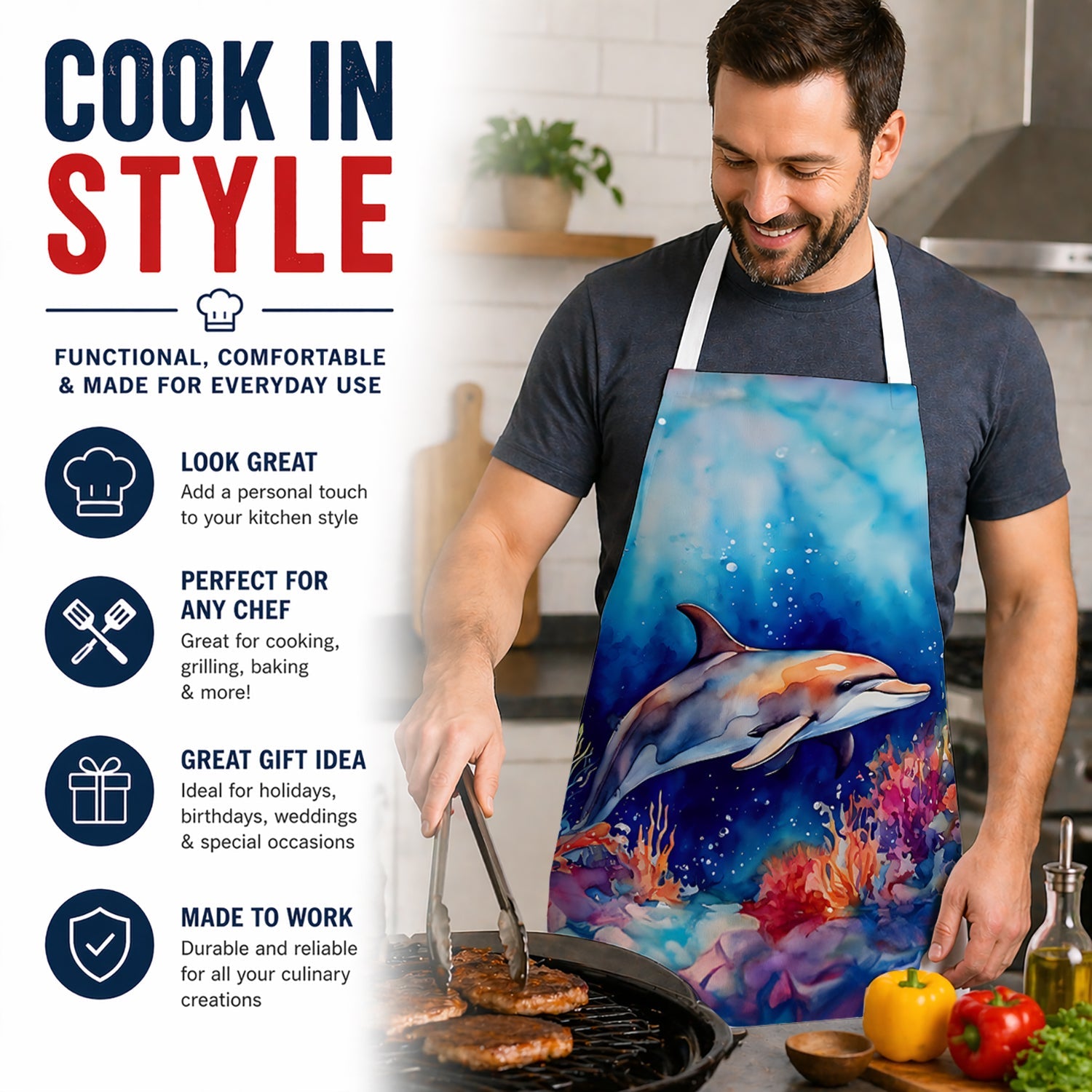 Dolphin Apron Cooking Kitchen Server Baking Crafts Gardening for Adult Women Men, Unisex, Large, Multicolor