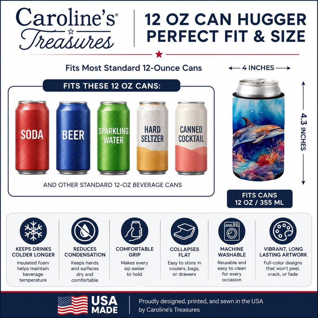 Dolphin Can or Bottle Hugger Cooler Sleeve for Standard 12 oz Cans, Insulated Foam Beer & Soda Can Hugger Reusable