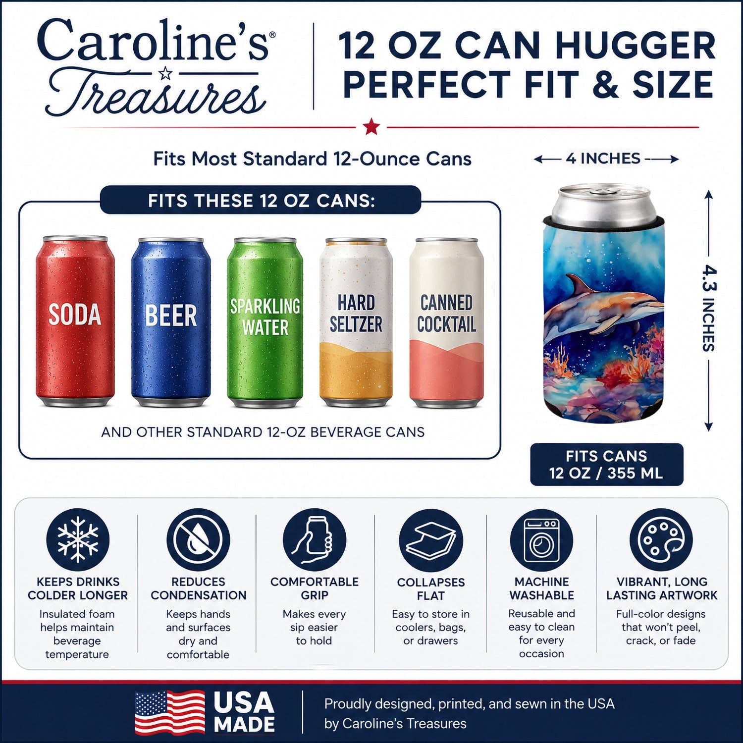 Dolphin Can or Bottle Hugger Cooler Sleeve for Standard 12 oz Cans, Insulated Foam Beer & Soda Can Hugger Reusable