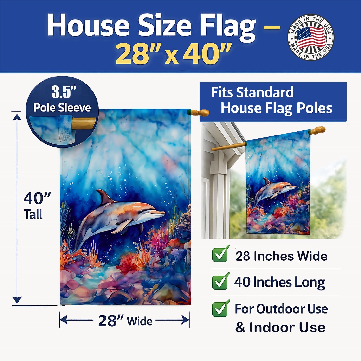 Dolphin House Flag 28x40 Porch Sleeve Pole Decorative Outside Yard Banner Artwork Wall Hanging, Polyester