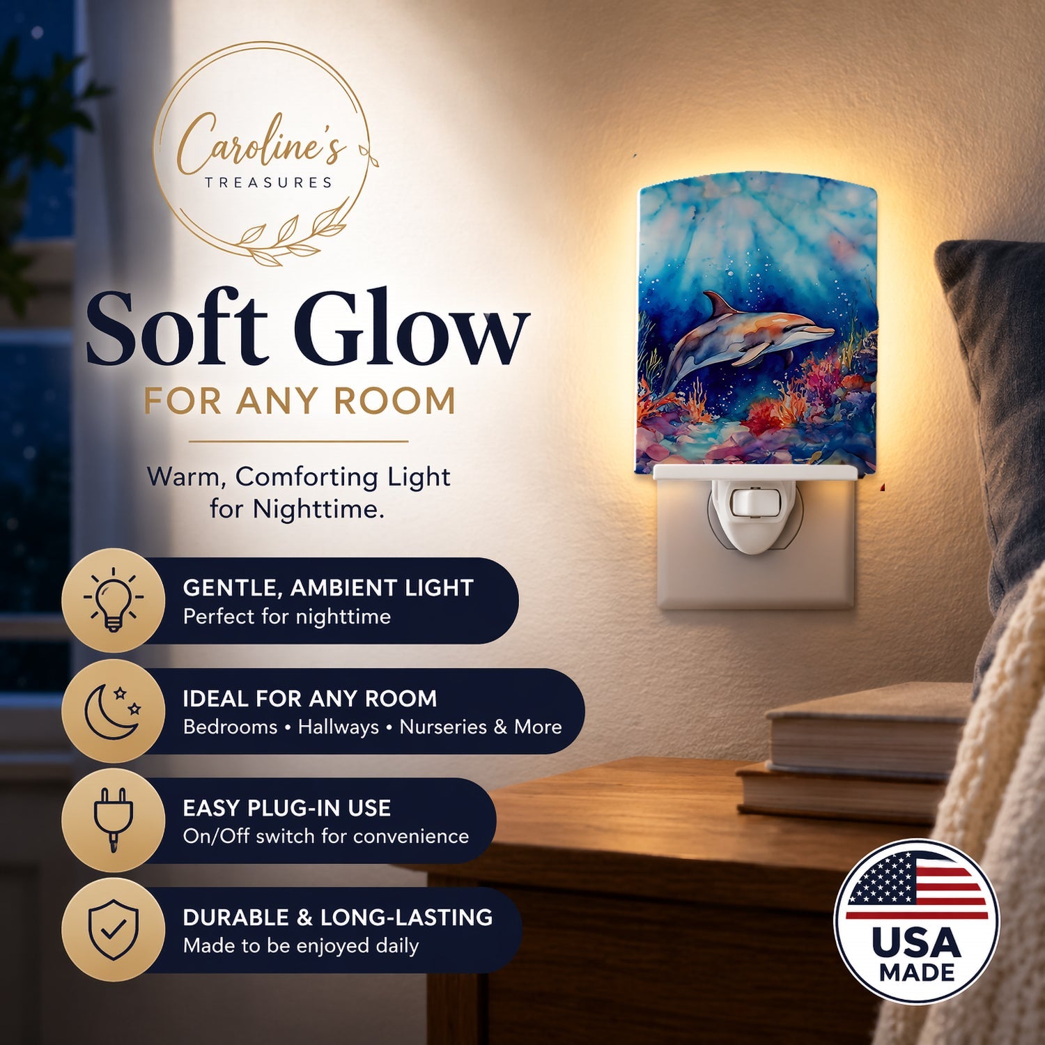 Dolphin Ceramic Night Light Compact, UL-Certified, Ideal for Bedroom, Bathroom, Nursery, Hallway, Kitchen, 6x4x3, Multicolor