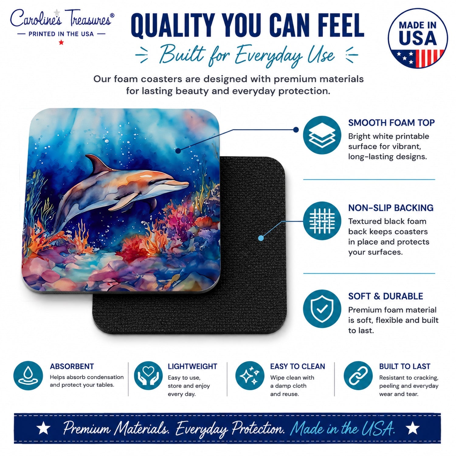 Dolphin Foam Coasters Set of 4 Cup Coasters for Indoor Outdoor, Tabletop Protection, Anti Slip, Mouse pad Material