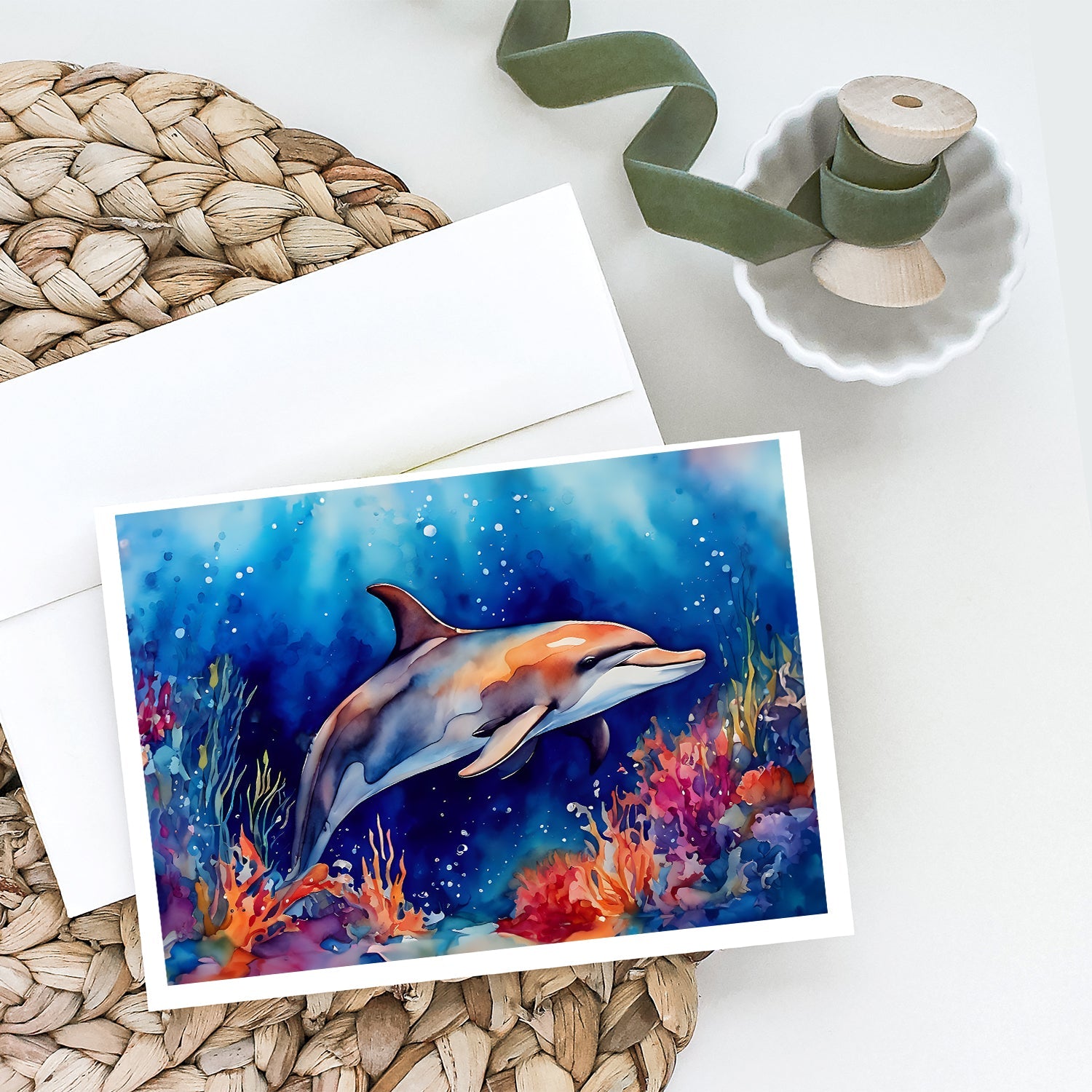 Dolphin Greeting Cards Pack of 8 Blank Cards with Envelopes Whimsical A7 Size 5x7