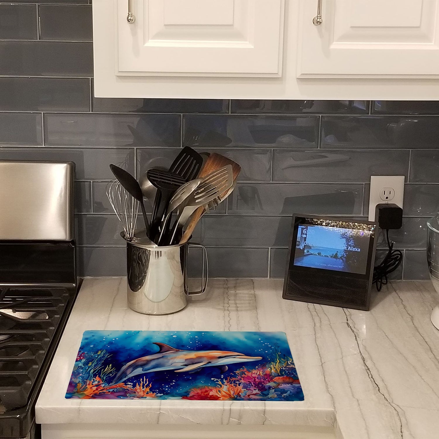 Dolphin Cutting Board Tempered Glass Kitchen Cutting Surface, Heat Resistant Chopping, Non-Slip Feet, Food Prep & Serving