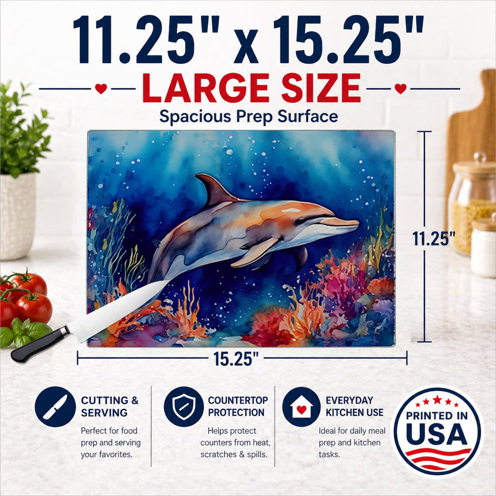 Dolphin Cutting Board Tempered Glass Kitchen Cutting Surface, Heat Resistant Chopping, Non-Slip Feet, Food Prep & Serving