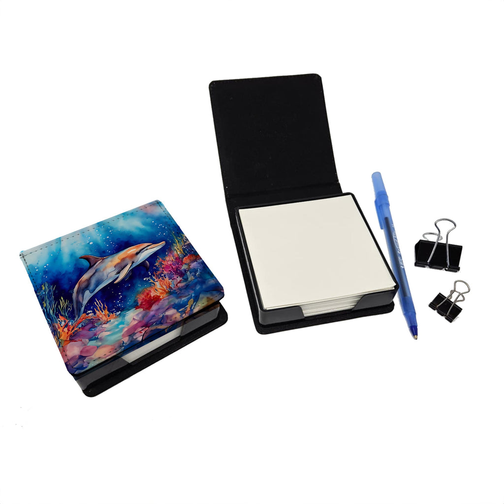 Dolphin PU Leather Note Paper Holder with Artist-Designed Cover, Desk Accessory, Office Gift