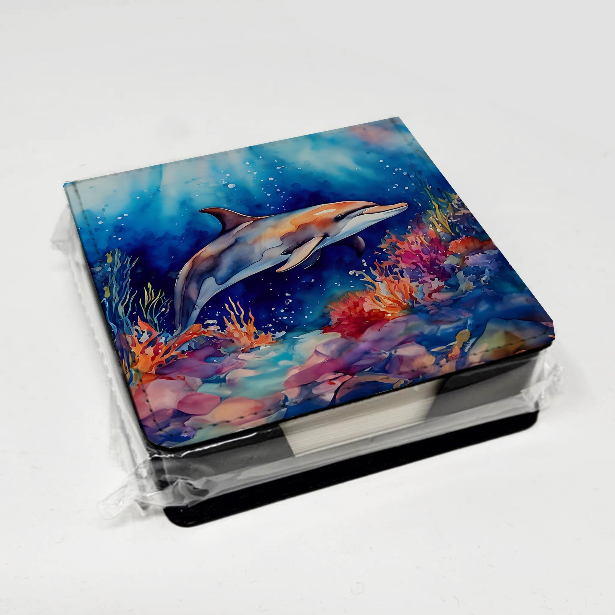 Dolphin PU Leather Note Paper Holder with Artist-Designed Cover, Desk Accessory, Office Gift