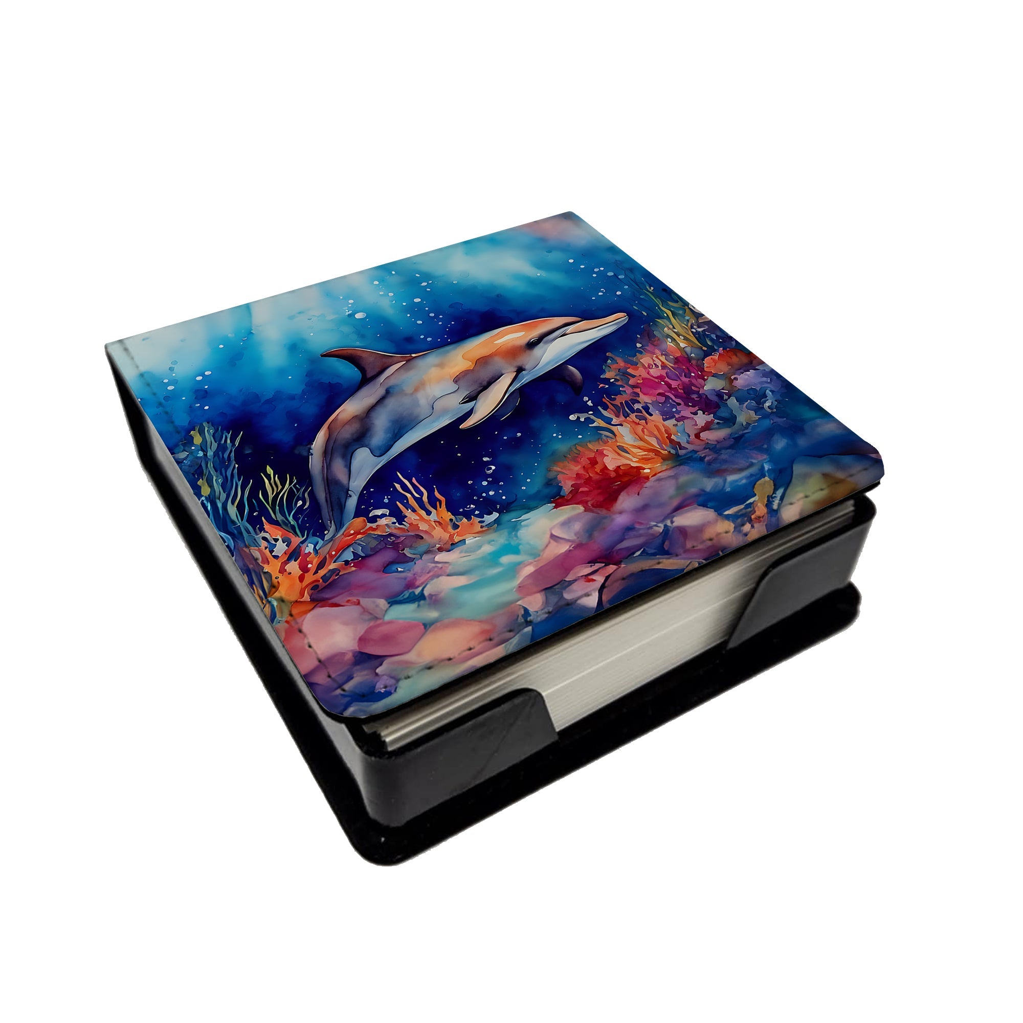 Dolphin PU Leather Note Paper Holder with Artist-Designed Cover, Desk Accessory, Office Gift